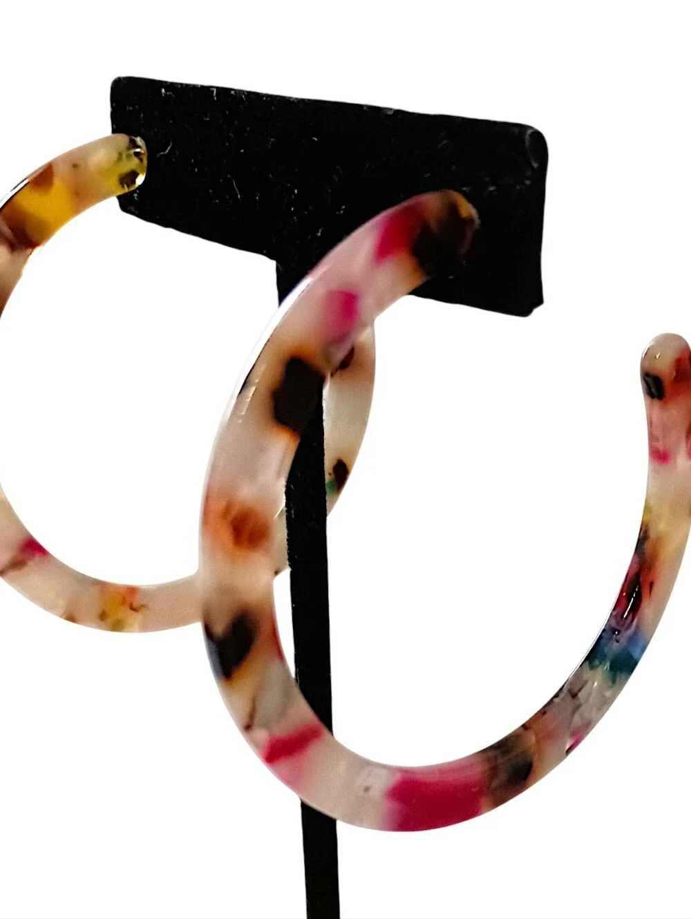 Vtg Colorful Hoop Earrings Acrylic Pierced LARGE Marbled Confetti Lightweight